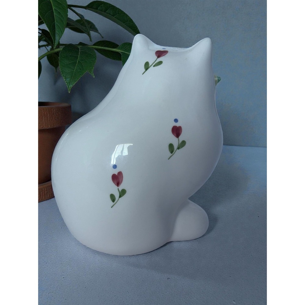Vintage White Floral Cat Figure Porcelain Bow Chubby Hand painted Home Deco - Picture 4 of 14